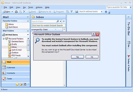 חיפוש מהיר באאוטלוק 2007 - ב-XP, רק עם Windows Desktop Search, צילום מסך