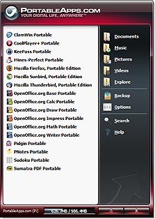 התפריט הראשי של PortableApps, צילום מסך