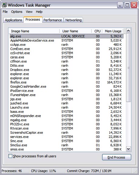 רשימת התהליכים במנהל המשימות 