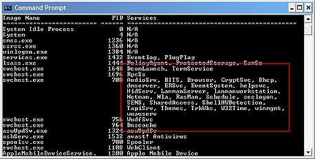 תיאור התהליכים הפועלים, באדיבות הפקודה tasklist /svc תיאור התהליכים הפועלים, באדיבות הפקודה tasklist /svc