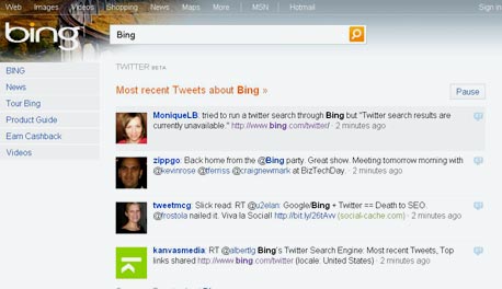 תוצאות החיפוש לשאילתא "bing" במנוע המשלב את טוויטר במנוע החיפוש של מיקרוסופט