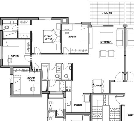 תוכנית ד': דירת 4 חדרים עם סלון רחב, 3 חדרי שירותים, מזווה