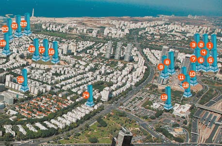 מפת המגדלים של תל אביב - צפון העיר, צילום אויר: אילן ארד תעופה