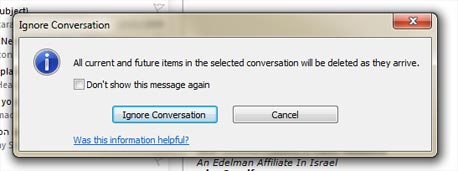 השתקת שיחות באאוטלוק 2010 מאפשרת להתעלם מהודעות עוד לפני שהן הגיעו, צילום מסך