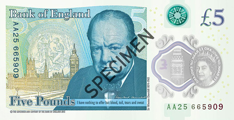 שטר חדש של 5 ליש"ט עם דיוקנו של ראש ממשלת בריטניה האגדי ווינסטון צ