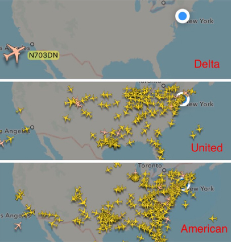 הטיסות מעל ארה"ב כעת - דלתא עם טיסה אחת בלבד (בחלק העליון)