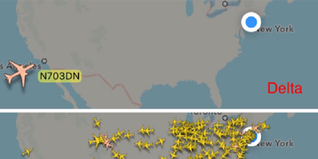 הטיסות מעל ארה"ב כעת - דלתא עם טיסה אחת בלבד (בחלק העליון), צילום: AirlineFlyer