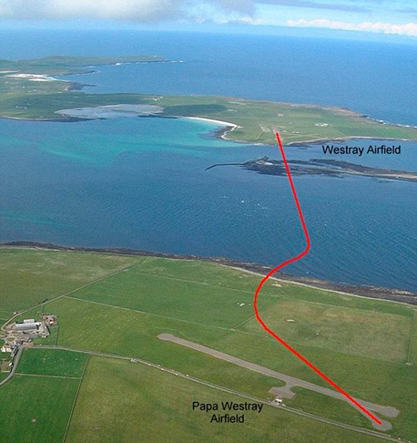 נתיב הטיסה בין 2 איי אורקני שמצפון לסקוטלנד , צילום: google earth