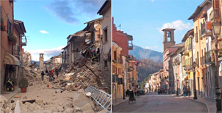 רעידת אדמה רעש אדמה אמטריצ'ה איטליה לפני ואחרי, צילום: twitter @MarksLarks