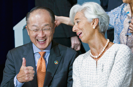 יו"ר קרן המטבע כריסטין לגארד ונשיא הבנק העולמי ג'ים יונג קים, ביום שישי