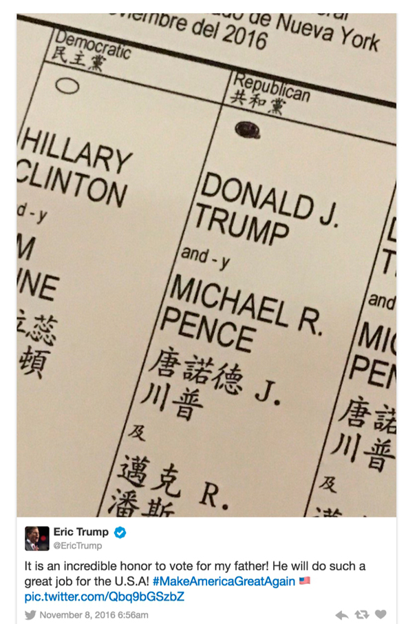 הציוץ של אריק טראמפ וצילום טופס ההצבעה שלו, צילום: טוויטר