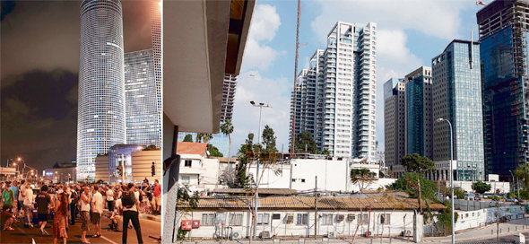 מתחם רשות השידור, שבו יקום פרויקט יונייטד שרונה (מימין) והפגנות מול מגדלי עזריאלי ב-2011 (משמאל). "בנייה לעשירים מגדילה היצע ומורידה מחירים", צילומים: עמית שעל, ענר גרין