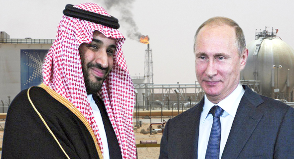 מוחמד בן סלמן נסיך הכתר סעודיה ולדימיר פוטין נשיא רוסיה על רקע חברת נפט ארמקו, צילום: Rex, רויטרס