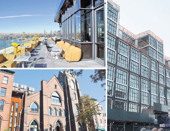 מימין: פרויקט פרנקלין של אולייר בברוקלין. 120 דירות להשכרה; למעלה משמאל: מלון William Vale,  נכס אישי של יואל גולדמן, הבעלים של אולייר; למטה משמאל: פרויקט North Flats של אולייר. כנסייה שהוסבה לדירות