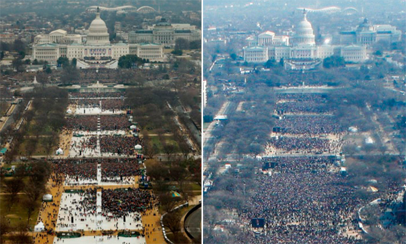 מימין הקפיטל בהשבעתו הראשונה של ברק אובמה ובהשבעתו של דונלד טראמפ הבדל בכמות הקהל, צילום: איי פי