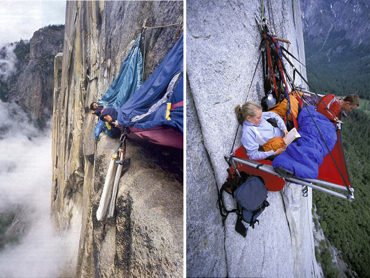 מטפסים משתלשלים בצורה מסוכנת על צלע סלע "אל קפטן" ביוסמיטי פארק בקליפורניה