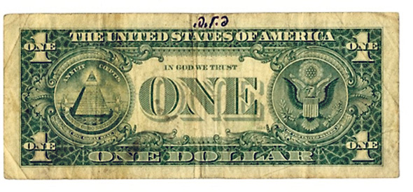 שטר של דולר שהעניק הרבי מלובביץ'. פתח לזייפנים