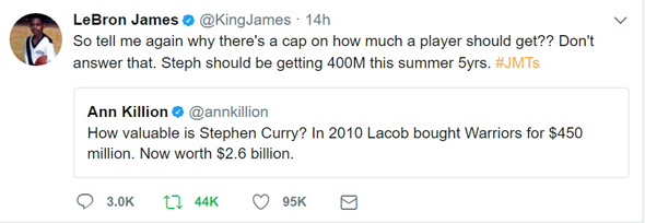 בתגובה לציוץ שאל ג'יימס מדוע יש ב-NBA תקרת שכר, וטען שהחוזה החדש של קרי צריך להיות כפול בגודלו, או לפחות שיעמוד על 80 מיליון דולר בשנה. "תסבירו לי שוב, מדוע יש מגבלה על כמות הכסף ששחקן יכול להרוויח? אל תענו על זה. סטפ צריך לקבל 400 מיליון דולר הקיץ לחמש שנים".