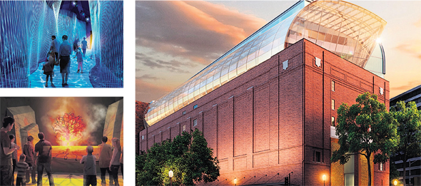 (מימין): תהליך הבנייה של מוזיאון התנ"ך בוושינגטון, הדמיה של המוזיאון מבחוץ והדמיות של חציית ים סוף והסנה הבוער. ייפתח בנובמבר בהשקעה של 400 מיליון דולר, שלפי פרסומים הוכפלה ל־800 מיליון