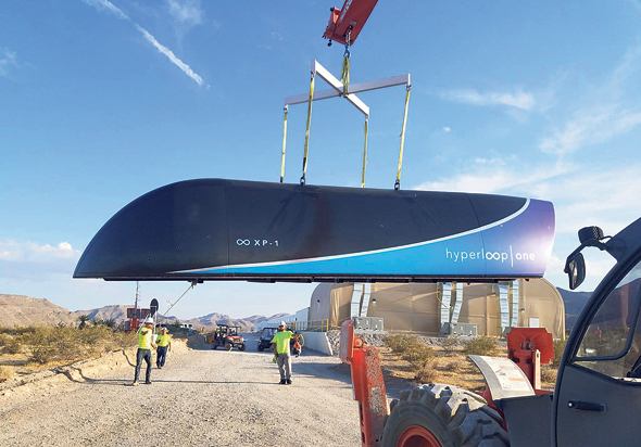 A Hyperloop One test vehicle transported in the Nevada Desert