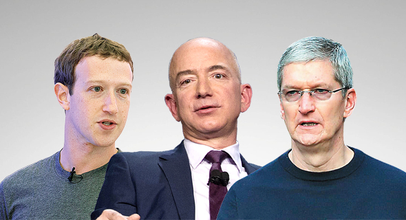 מימין: טים קוק מנכ"ל אפל, ג'ף בזוס מנכ"ל ומייסד אמזון, ומארק צוקרברג מנכ"ל ומייסד פייסבוק
