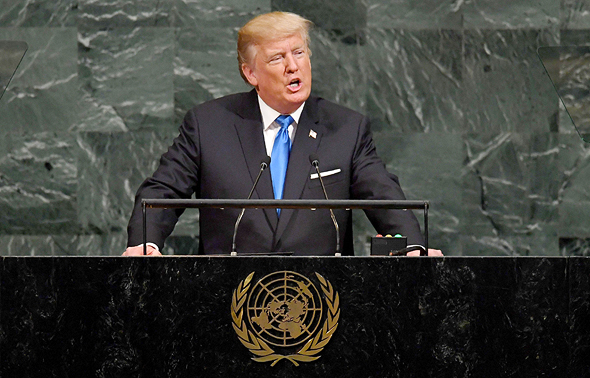נשיא ארה"ב דונלד טראמפ נואם בעצרת ה 72 של האו"ם, צילום: איי אף פי