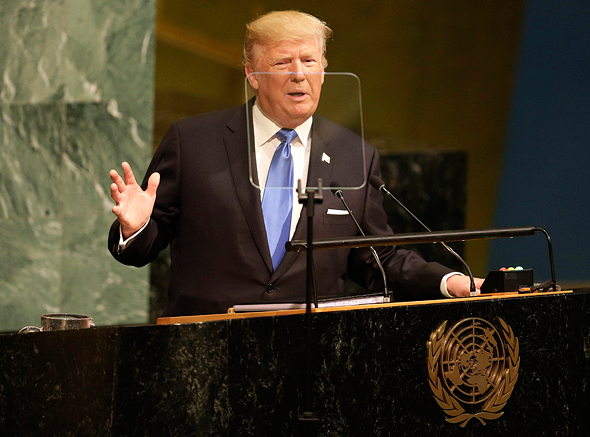 נשיא ארה"ב דונלד טראמפ נואם בעצרת ה 72 של האו"ם, צילום: איי פי