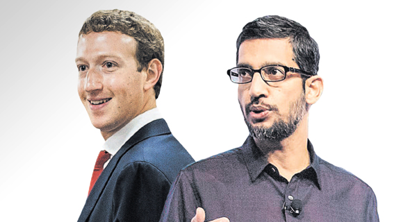 מימין: מנכ”ל גוגל סונדאר פיצ’אי ומייסד ומנכ”ל פייסבוק מארק צוקרברג. מעגל דומיננטיות