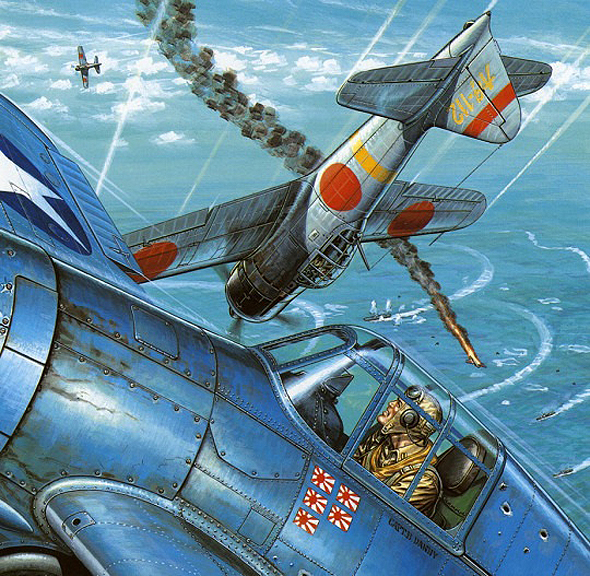 וויילדקט אמריקאי וזירו יפני בקרב תמרון. המטוס היפני זריז בהרבה, ואילו יריבו - בעל מיגון טוב יותר ועמידות בנזקים