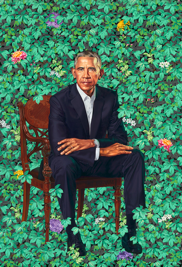 דיוקן חדש של ברק אובמה המוזיאון הלאומו ב וושינגטון הצייר השחור  Kehinde Wiley, ציור:  Kehinde Wiley