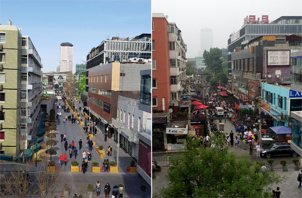 מימין: רחוב הבארים סאנליטון בבייג'ינג לפני שנתיים והיום. הפך בין לילה לרחוב ישנוני