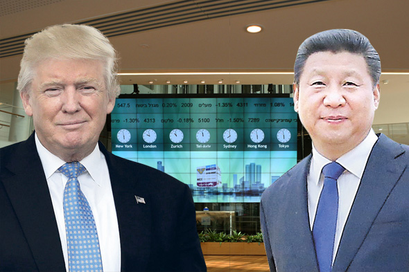מימין נשיא סין שי ג'ינפינג נשיא ארה"ב דונלד טראמפ על רקע הבורסה בתל אביב, צילומים: גטי אימג'ס, עמית שעל 