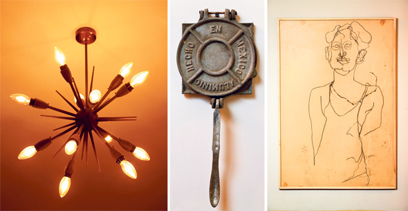 מימין: דיוקן עצמי של רקנטי מתקופת לימודיו בשנקר; כלי עתיק להכנת טורטיות; מנורה משוק הפשפשים ביפו. רק אור צהוב, צילומים: עמית שעל