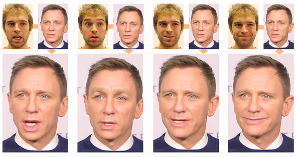 תמונה של השחקן דניאל קרייג משנה הבעה בהתאם לפניו של המשתמש בתוכנת face2face. המצולם נהפך לבובה בידי המשתמש