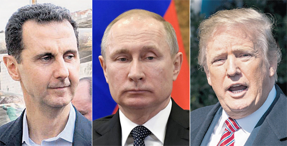 מימין: נשיא ארה"ב דונלד טראמפ, נשיא רוסיה ולדימיר פוטין ונשיא סוריה בשאר אל אסד.  המתיחות משרתת את אופ"ק