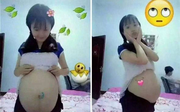 נערה מציגה הריון מול המצלמה