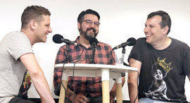 Aviv Frenkel, Chad Fowler (center) and  Navot Volk during the recording of the 30 Minutes or Less po