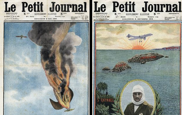 מימין: שער עיתון שחוגג את חציית הים התיכון בידי גארוס, שער שמבכה את מותו,  צילום: lee