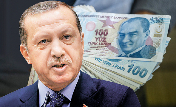 נשיא טורקיה ארדואן, על רקע הלירה הטורקית, צילום: איי אף פי, רויטרס