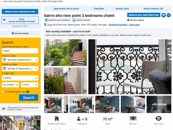 דירה להשכרה בליסבון. 731 דולר בבוקינג, 402 דולר ב-Airbnb, צילום מסך: booking.com