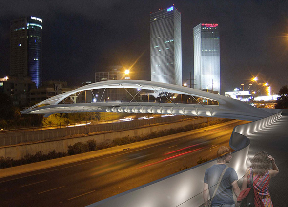 הדמיה של גשר יהודית מעל נתיבי איילון בלילה, הדמיה: חן אדריכלים