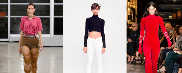 מימין: חולצת פולו לנשים בתצוגה של Y/Project, ג’ינס נמוך במיוחד מהקולקציה החדשה של זארה וחליפת טרנינג בתצוגה של ג