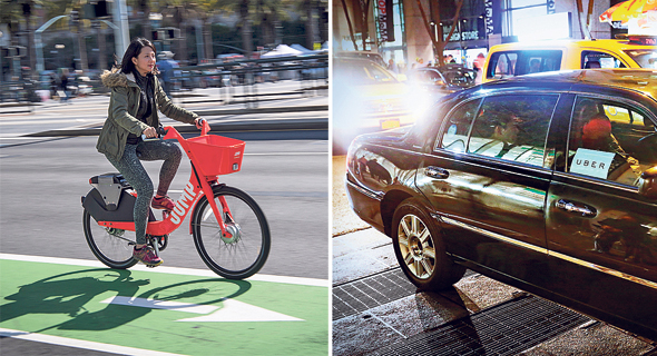 מימין: מונית של אובר ואופניים עירוניים של חברת ג’אמפ שקנתה אובר