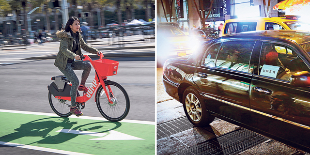 מימין: מונית של אובר ואופניים עירוניים של חברת ג’אמפ שקנתה אובר, צילום: בלומברג, shutterstock