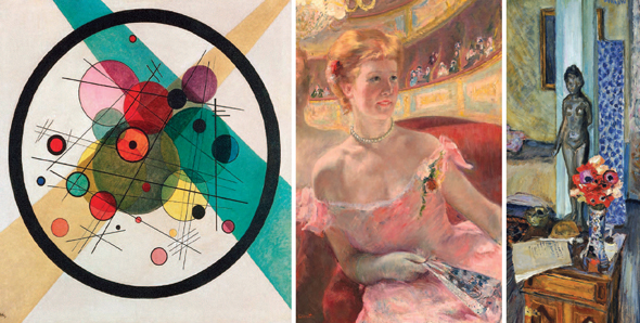שלוש העבודות החביבות על לנדאו בתערוכה "זמנים מודרניים". (מימין לשמאל): פייר בונאר, "מחווה למאיול" (1917); מארי קאסאט, "אשה עם מחרוזת פנינים בתיאטרון” (1879); וסילי קנדינסקי, "עיגולים בתוך עיגול" (1923), צילום: אוסף לואיס א