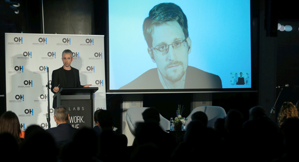Edward Snowden speaking to an audience in Tel Aviv in November. Photo: Orel Cohen