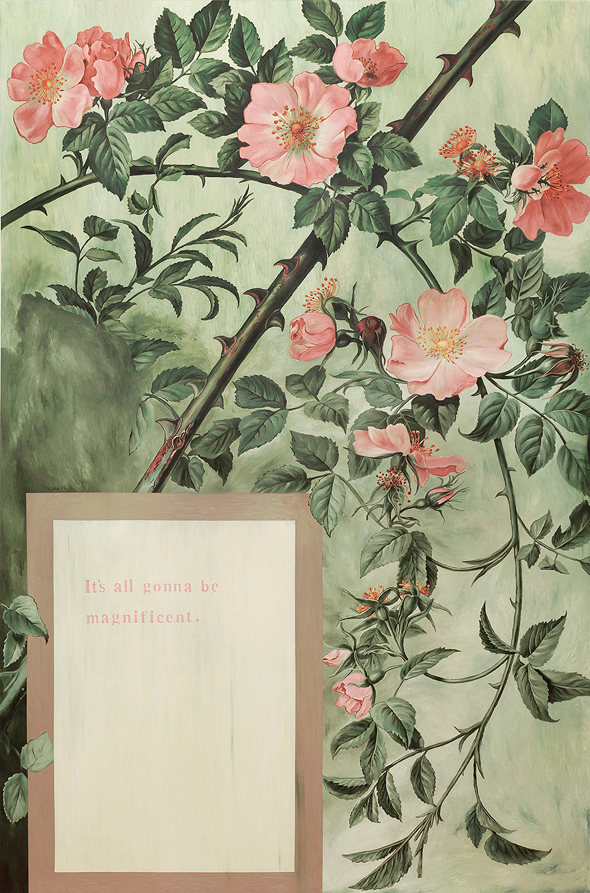 ורדים שהכתימה במילים מהשיר "Magnificent". "תערוכה על כאב והתבגרות כפויה", צילום רפרודוקציה: אניה קרופיאקוב