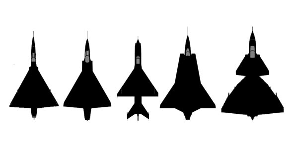 מטוסי התקופה. משמאל: ה-F102 האמריקאי, המיראז' 3 הצרפתי, המיג 21 הסובייטי, הדראקן השבדי והמטוס עליו תקראו עוד רגע