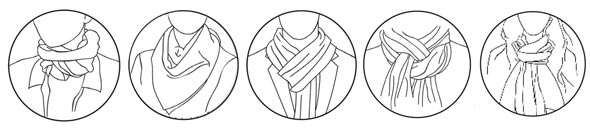 מימין: קשר קלאסי, קשירה צרפתית, עניבה מרושלת, קשר משולש ועיטוף צוואר