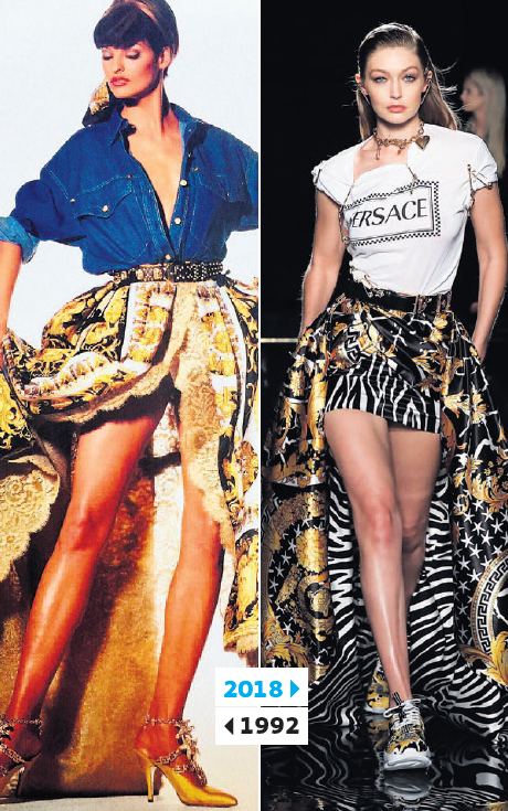 : לינדה אבנג'ליסטה בדגם מאביב 1992 מימין: ג’יג’י חדיד בחצאית מחווה א־סימטרית